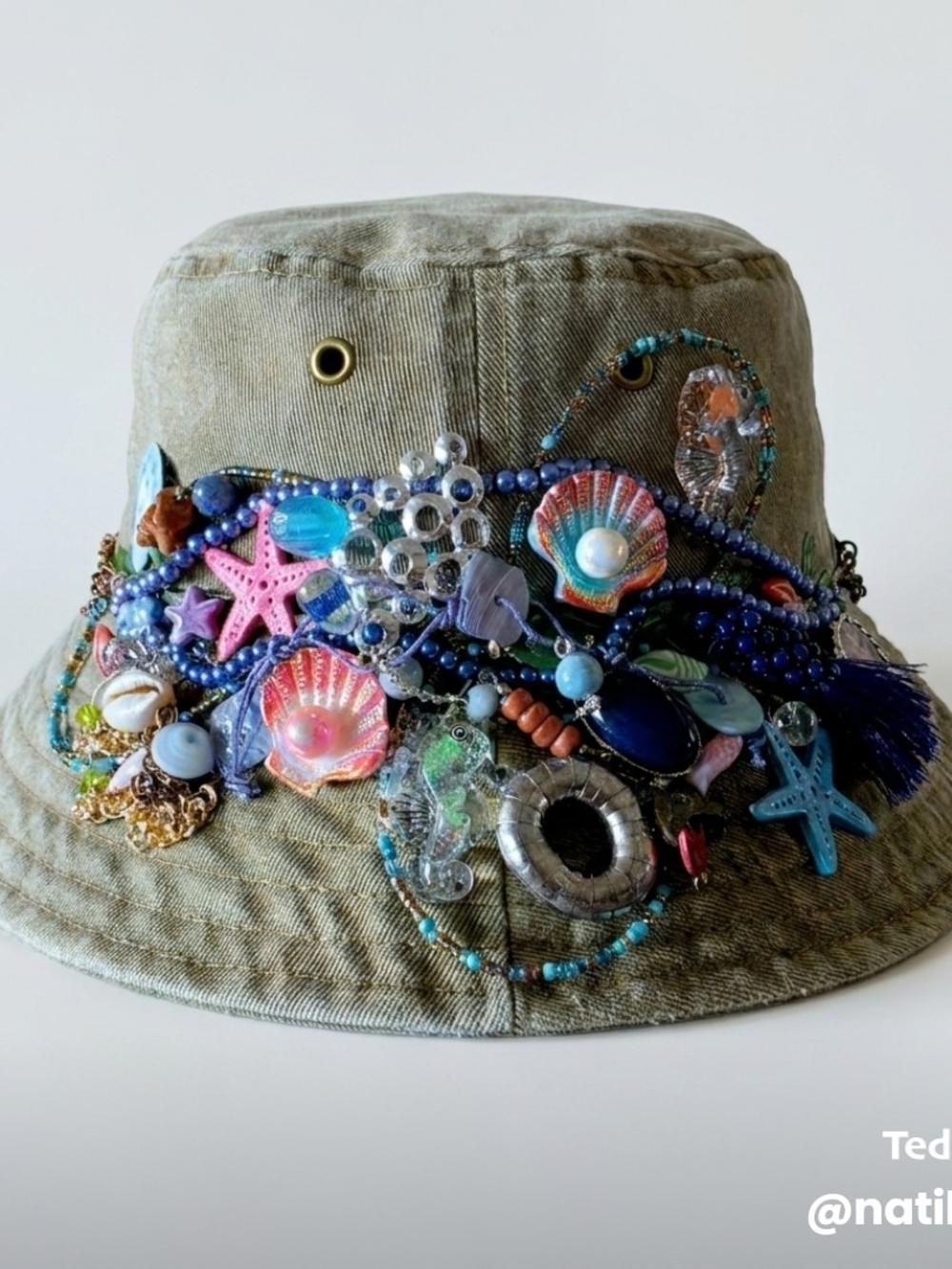 Olive Embellished Seashell Bucket Hat - Designer Style